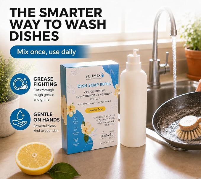 Dish Soap Refill Powder-to-Liquid Concentrate, Just Add Cool Water, Lemon Scent, 4 Packets Make 4 x 16 fl oz Bottles, Grease-Fighting, Plastic-Free (Lemon Scent)