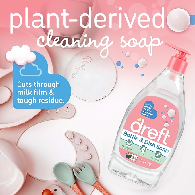 DREFT Bottle and Dish Soap Baby Gift Set - Bonus Travel Size Dreft All Purpose Cleaner & Stain Remover - Made to Clean Baby Essentials - Plant Based Ingredients, Fragrance Free Formula - 4 Piece Set