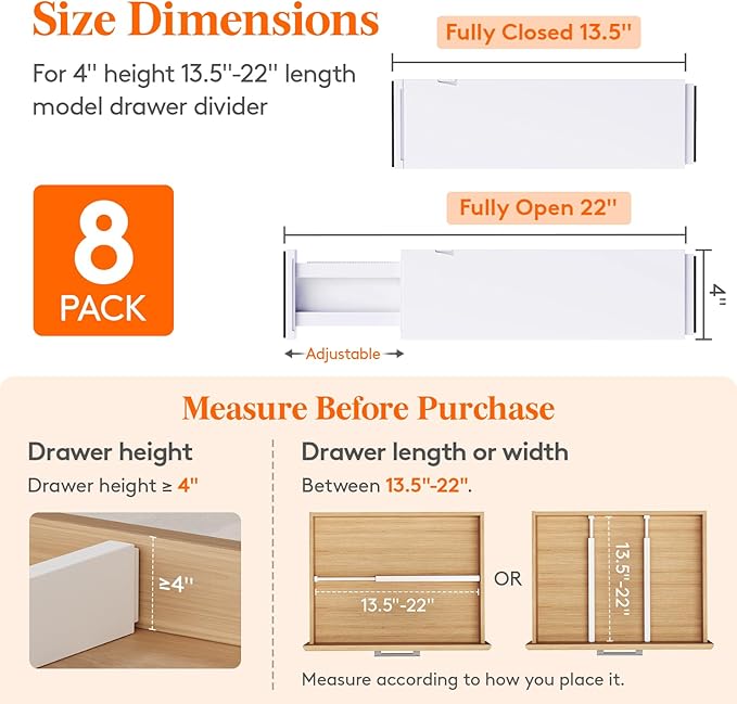 Lifewit 8 Pack 4" High Drawer Dividers 34-56cm/13.5-22" Adjustable Drawer - Image 2