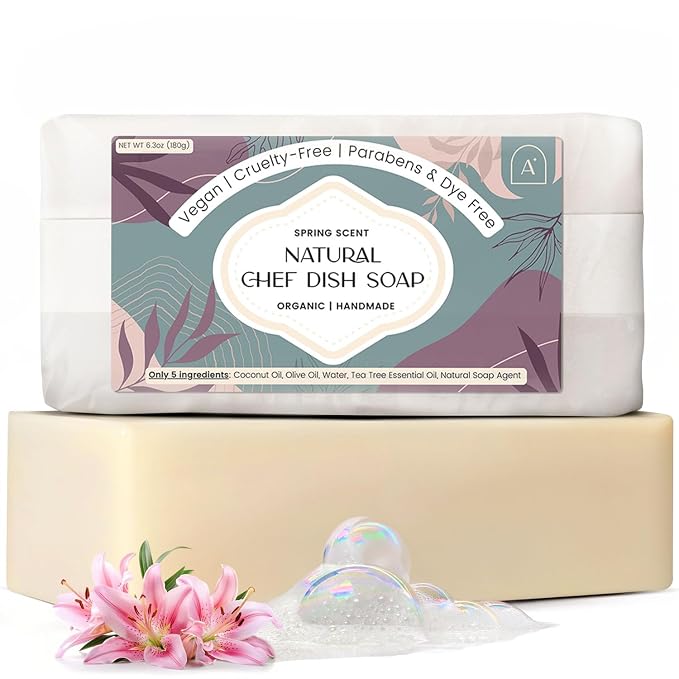Natural Dish Soap Bar, Cleaning Dishes Solid Block for Kitchen - Organic Biodegradable Dishwashing, only 5 Ingredients, Gentle on Hands - Spring Scent (1 Pack, 6.3oz)