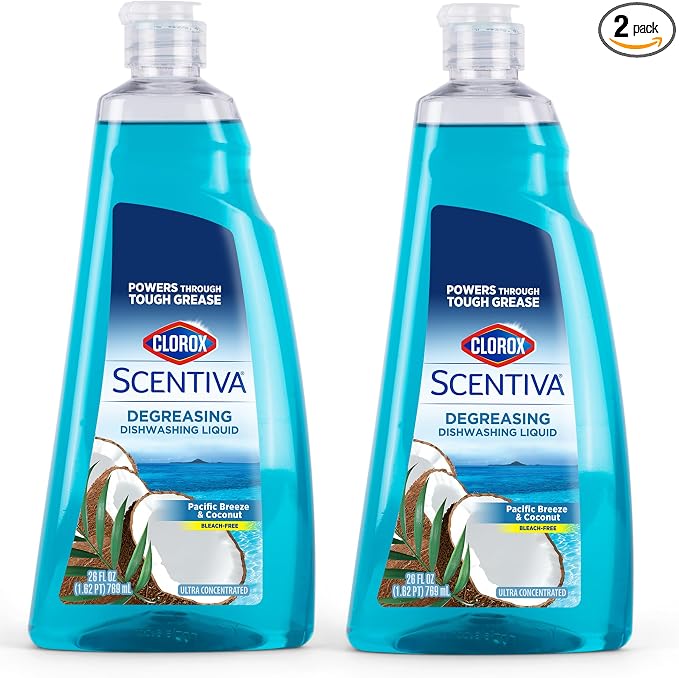 Clorox Scentiva Liquid Dish Soap, Pacific Breeze & Coconut, 26 Fl Oz, 2-Pk | Ultra-concentrated formula, bleach-free, cuts through food residue, gentle on hands