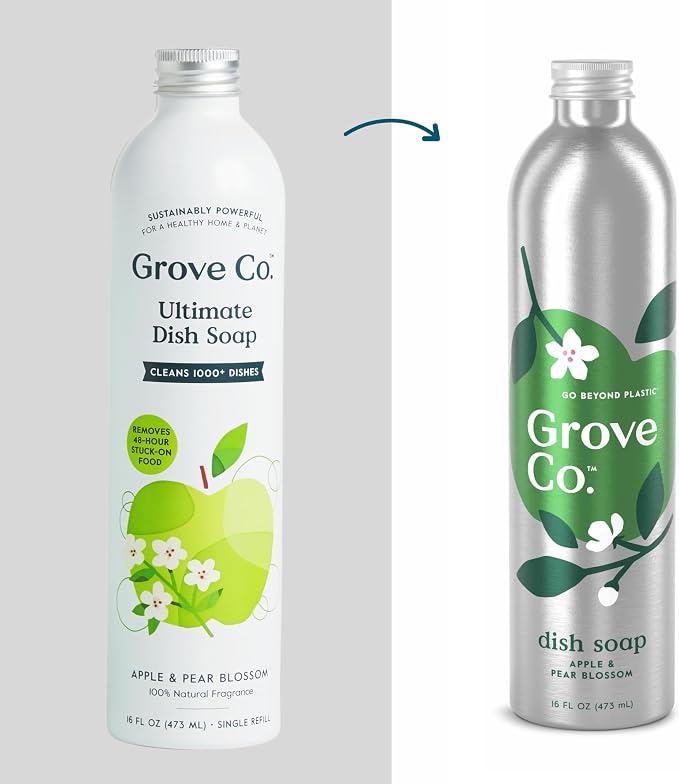 Grove Co. Dish Soap Refills, 3 x 16 fl oz Refills, Apple & Pear Blossom | Plastic-Free; Removes Stuck on Food; USDA Biobased; 98% plant-based ingredients; Natural Fragrance