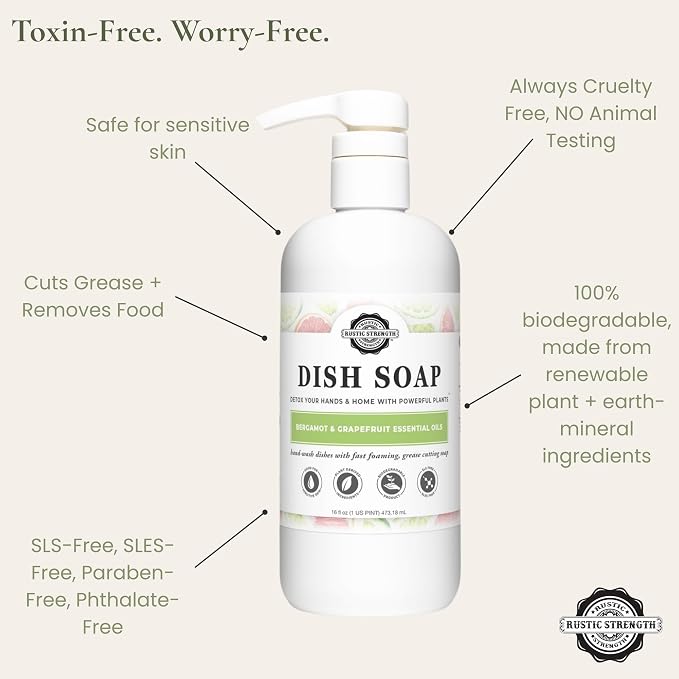 Rustic Strength Plant Based Dish Soap, Bergamot & Grapefruit Scent, 16 oz | High lathering and gentle on hands,Concentrated and biodegradable plant based formula,Cuts grease and stuck on food