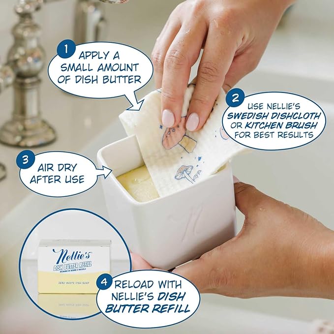 Nellie's Dish Butter | Solid Dish Soap | Lemongrass Scent | Made in Canada | Concentrated Solid Dish Soap, Reusable Ceramic Container, Phosphate-Free, Plastic-Free & Low-Waste Packaging.