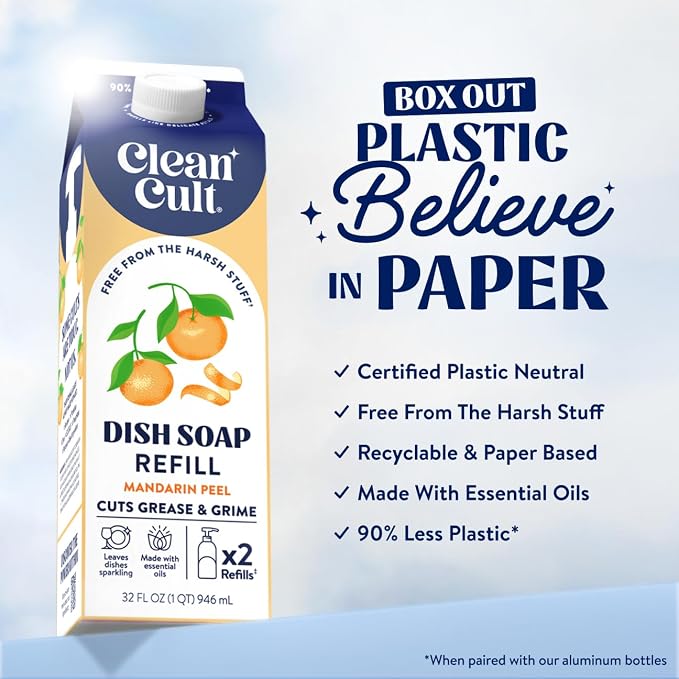 Cleancult Dish Soap Liquid Refills - Plant Based Cleaning Power - Cuts Grease & Grime - Free of Harsh Chemicals - Uses 90% Less Plastic - Mandarin Peel - 32 oz/3 Pack
