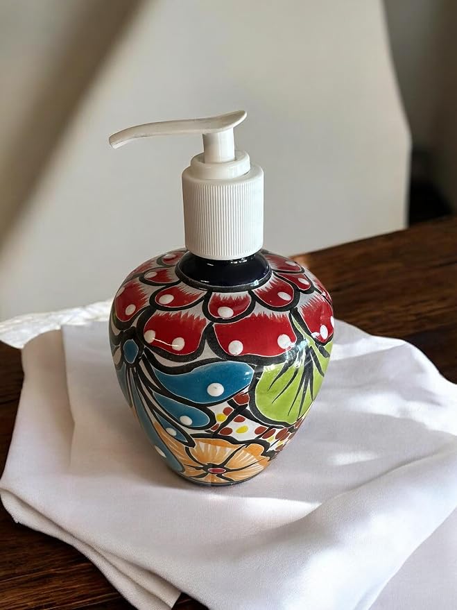 Colorful Talavera Soap Dispenser - Handcrafted Mexican Pottery for Kitchen or Bathroom Decor, 6” Tall
