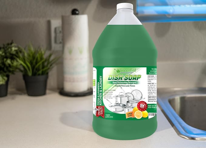 GreenFist Dish Soap Ultimate Kitchen Kit – Pump, Towel, Sponges & Scrubbers, Complete Cleaning Bundle – 1 Gallon, Lemon Scent (1 Gallon + Pump & Steel Scrubber)