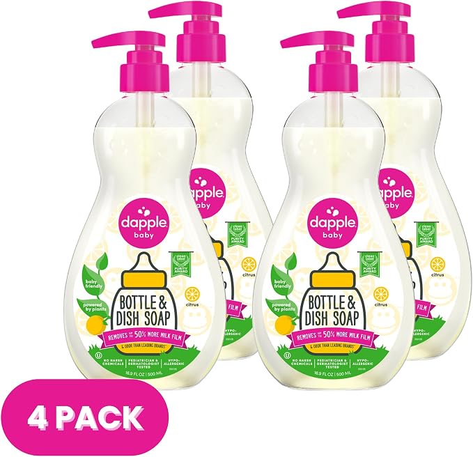 Dapple Baby Fresh Citrus Bottle & Dish Soap - (4 Pack) 16.9 fl oz - Cleans Baby Bottles, Sippy Cups, Pacifiers, Breast Pumps, & More - Gently Removes Milk Film & Odors - Includes 1 Pump