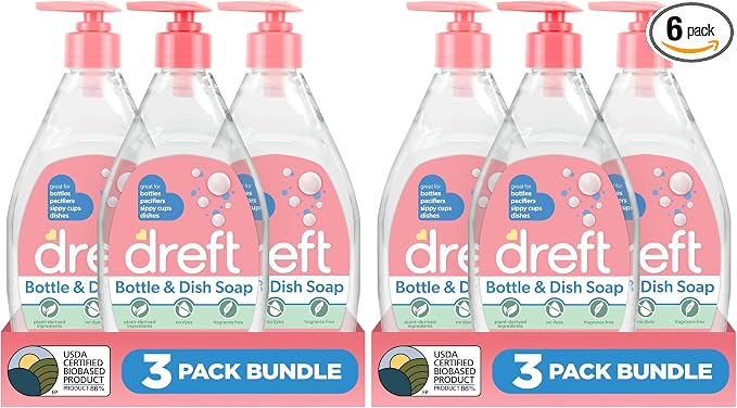 Dreft Bottle and Dish Soap | Made to Clean Baby Bottles,Sippy Cups,Pacifiers,Breast Pumps,& More | Gently Removes Milk Film & Odors-| Plant Based,Fragrance Free Dish Soap-| 18 Fl Oz,(Pack of 6)