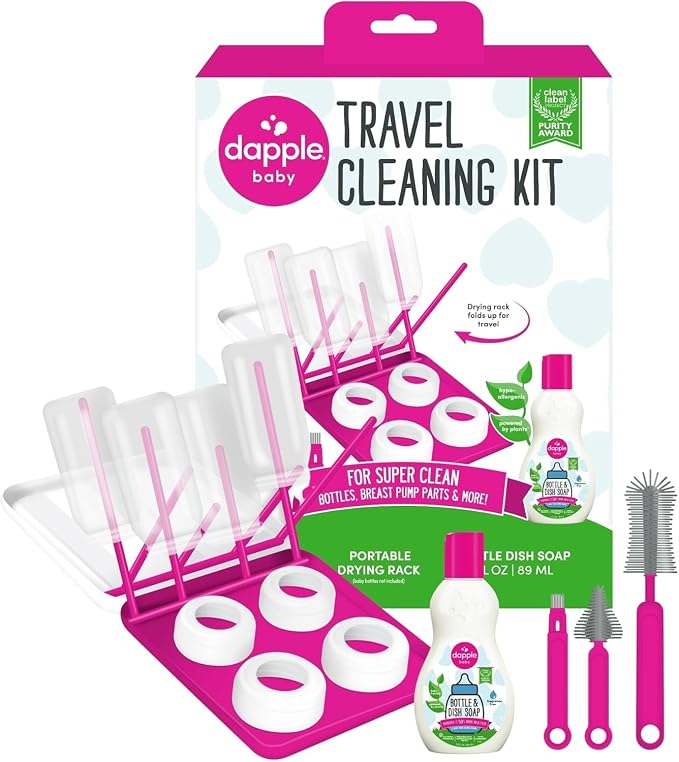 Dapple Baby Travel Cleaning Kit - 5 Piece- Baby Bottle & Dish Soap, Bottle Brushes, and Drying Rack - Newborn Essentials