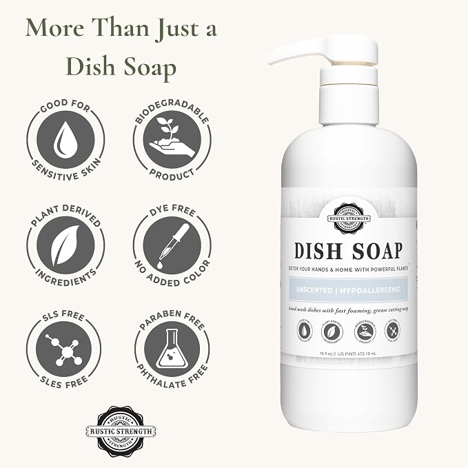 Rustic Strength Natural Dish Soap, Unscented, 16 oz | High-Lathering, Concentrated, Biodegradable Plant-Based Formula,Cuts Grease,