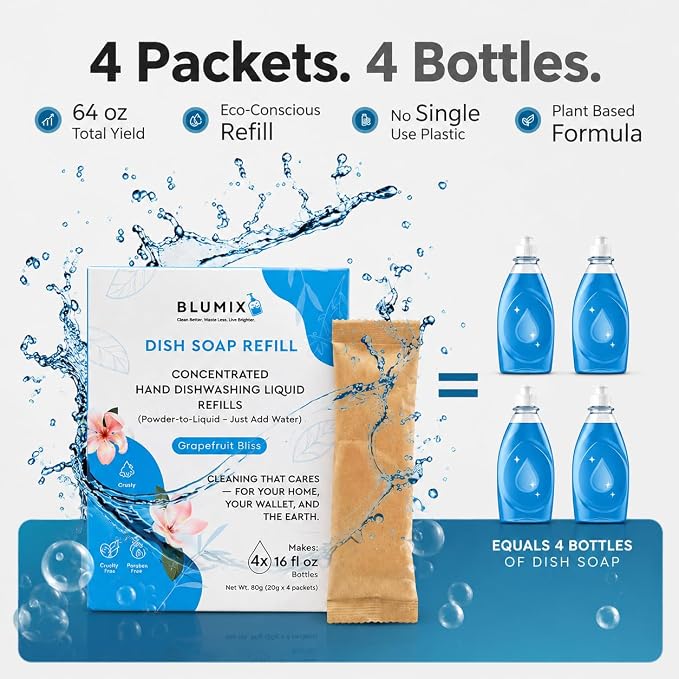 Dish Soap Refill Powder-to-Liquid Concentrate, Just Add Cool Water, Grapefruit Scent, 4 Packets Make 4 x 16 fl oz Bottles, Grease-Fighting, Plastic-Free (Grapefruit Scent)