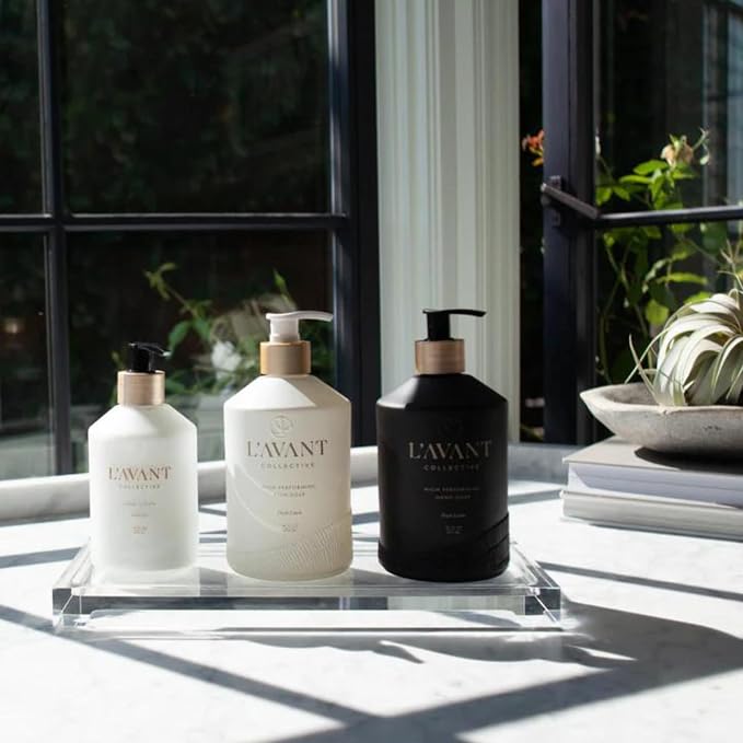 L'AVANT Collective Luxury Home Essentials | High Performing Dish Soap, Hand Soap, Multipurpose Cleaner Spray, Scrub Brush, Lucite Tray | Luxurious Ingredients Reusable Bottles (Fresh Linen)