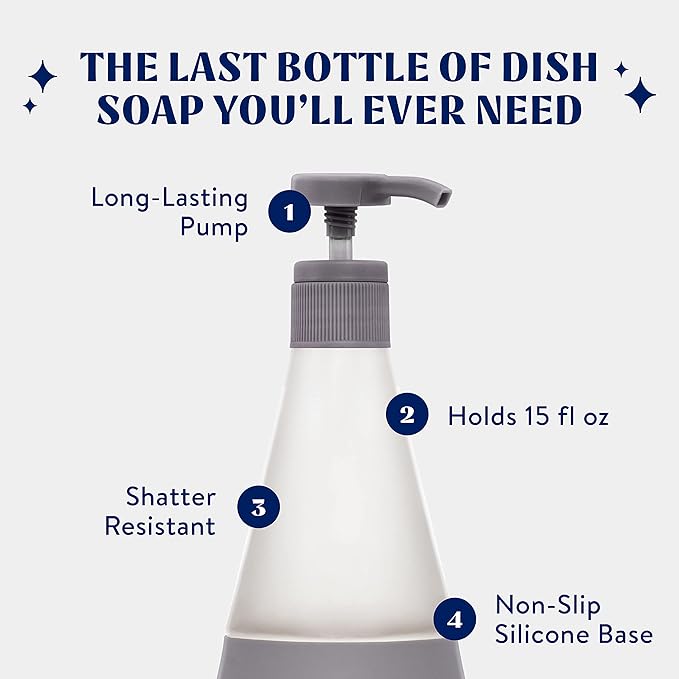 Cleancult Dish Soap Dispenser (15oz, 2 Pack) - Refillable Glass Soap Dispenser with Pump - Shatter Resistant Dish Soap Dispenser for Kitchen Sink - Non Slip Silicone Sleeve - Charcoal