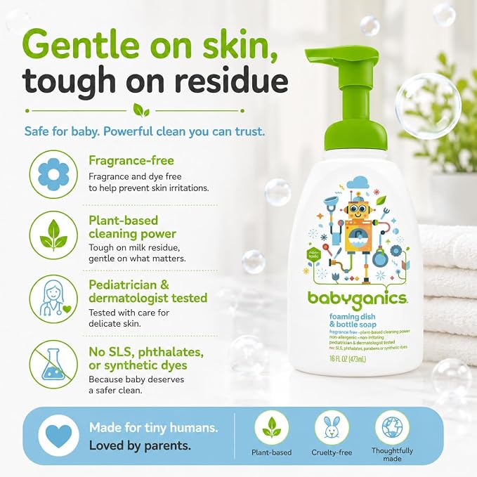 Baby ganics 16 Ounce Dish Dazzler Foaming Dish and Bottle Soap with Refill Kit BUNDLED with Two (2) Bottle Brushes BONUS | Baby bottle and dish soap bundle with refill and 2 bottle brushes. Plant-based, fragrance-free foaming soap.