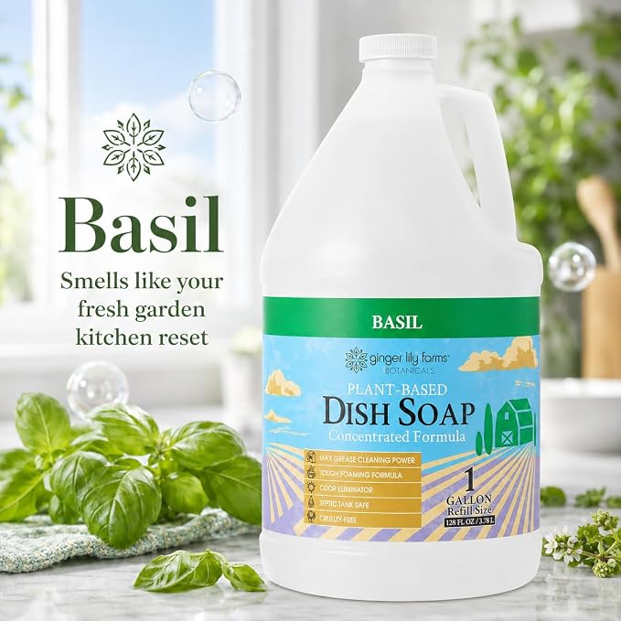 Ginger Lily Farms Botanicals Plant-Based Liquid Dish Soap, Concentrated Formula with Max Grease Cleaning Power, Cruelty-Free, Basil Scent, 1 Gallon Refill (128 Fl. Oz.)