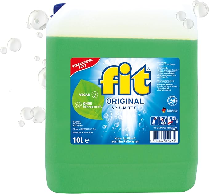 fit Hand Washing Up Liquid 10 L Canister, Dishwasher Detergent Against Grease and Strength, Skin-Friendly, Vegan, Microplastic-Free, Original