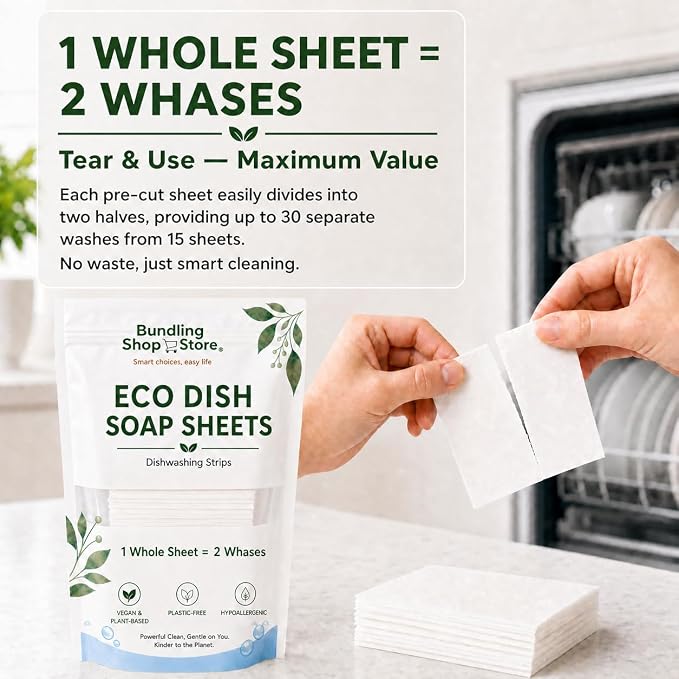Eco Dish Soap Sheets – Eco Dishwashing Strips for Dishwasher Machines and Hand Washing – Travel & Home, 15 Sheets Up to 30 Washes (SPRAY BOTTLE NOT INCLUDED)