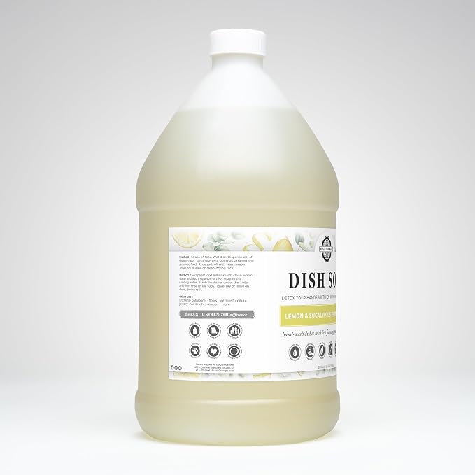 Rustic Strength Natural Dish Soap, Lemon & Eucalyptus, 1 Gallon Plastic | High-Lathering, Concentrated,Plant-Based Formula,Tough Grease Cleaner