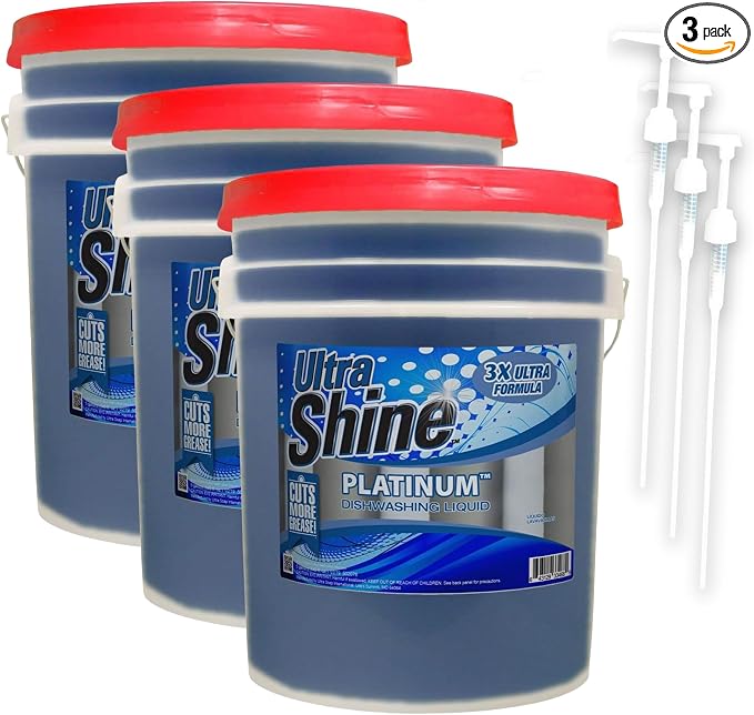 Ultra Shine 3 Pack 3X Platinum Bulk Dishwashing Liquid, Powerful Grease Remover, 5-Gallon - Concentrated Dish Cleaner Soap for Commercial Kitchens, Restaurants & Home Cleaning, Gentle on Hands & Skin