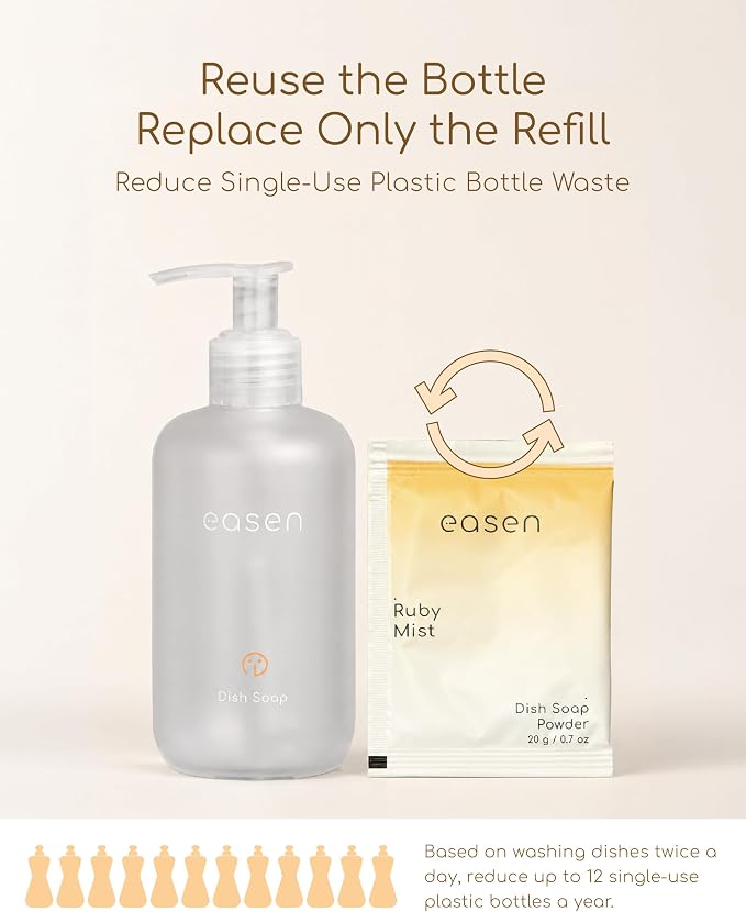 easen Foam Dish Soap Powder Refill, Grapefruit, Reusable Bottle, 7.4 oz | Coconut Oil for Foaming, dissolves fast, rinses clean, no residue, Concentrated Formula