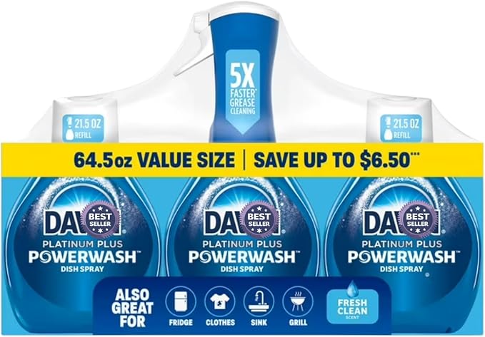 Powerwash Dish Spray Bottle Set Fresh Scent Spray Cleaner 1 Bottle 2 Refills 64.5 fl oz