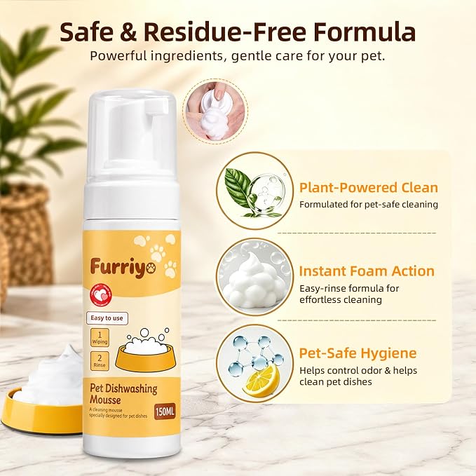 Pet Bowl Cleaner Foam, Dog & Cat Dish Soap for Bowls, Mats | Plant-Derived Formula, Rich Cleaning Foam, Daily Feeding Essentials