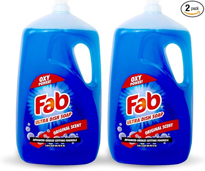 La's Totally Awesome Fab Liquid Dish Soap, Original Scent, 90 fl oz (Pack of 2) | Powerful Grease-Cutting Dishwashing Liquid, Gentle on Hands, Dish Detergent for Pots, Pans, Glassware & Cookware