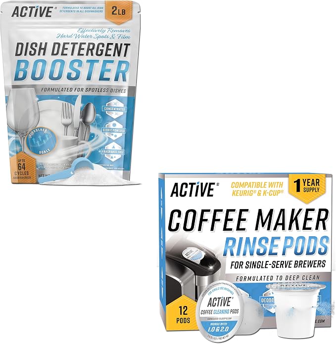 ACTIVE Dishwasher Detergent Booster and K-Cup Compatible Cleaning Pods - Includes 32oz Dish Detergent Booster and 12pk Keurig Compatible Cleaning Pods