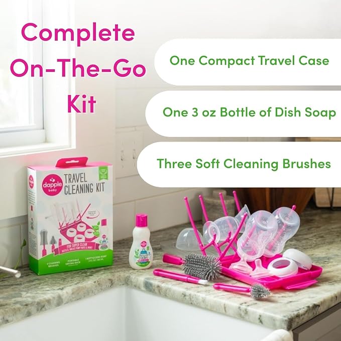 Dapple Baby Travel Cleaning Kit - 5 Piece- Baby Bottle & Dish Soap, Bottle Brushes, and Drying Rack - Newborn Essentials