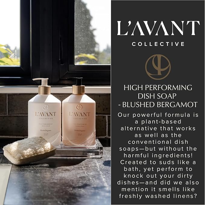 L'AVANT Natural Dish Soap, Plant-Based Grease Cutter, 16 Fl Oz Bergamot | Plant-based grease cutting, non-toxic formula, refillable glass pump bottle, gentle on hands, kid and pet safe, cruelty-free
