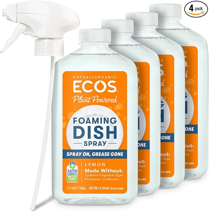 ECOS Foaming Dish Soap, Powerful Spray-On Formula, Saves Water, Wipe & Rinse Dish Cleaner - Hypoallergenic - Lemon, 17 Fl Oz (Pack of 4)