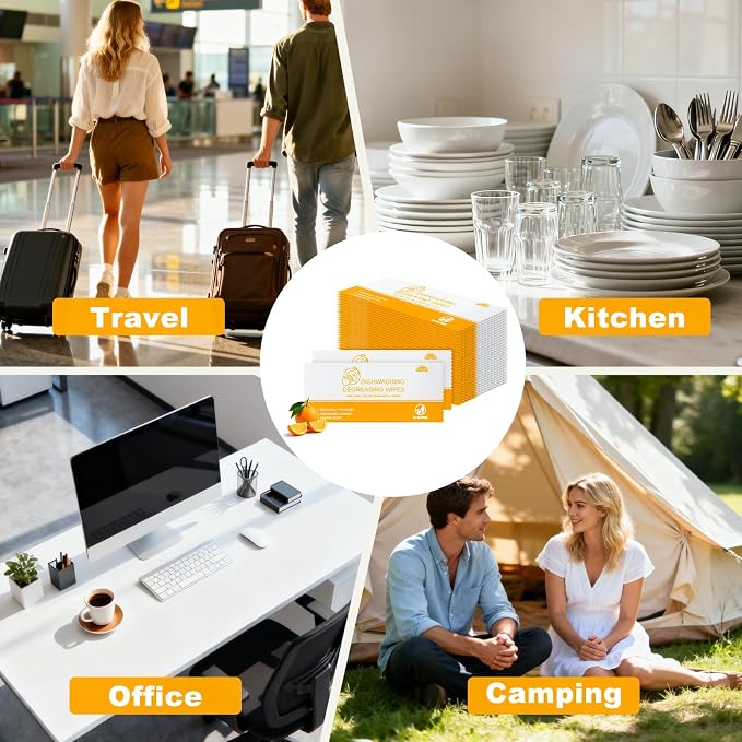 Dish Cleaning Wipes Individually Wrapped Travel Dish Soap Wipes Orange Scent 7.7”x 7.3“ Disposable Wipes Portable for Kitchen Outdoor Traveling Camping RV Quick Clean (100)