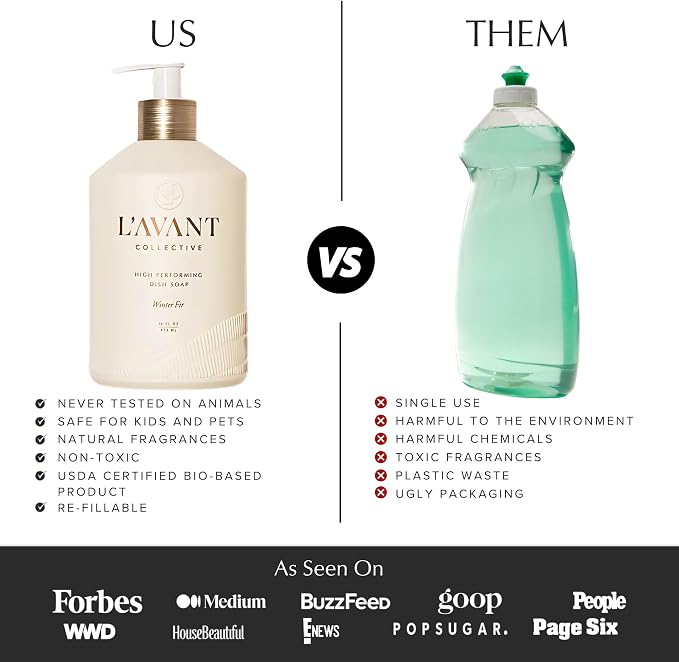 L'AVANT Natural Dish Soap, Plant-Based, Refillable Pump, Winter Fir, 16 oz | Plant-based formula, grease-cutting power, refillable glass pump bottle, gentle on hands, kid and pet safe, Winter Fir scent