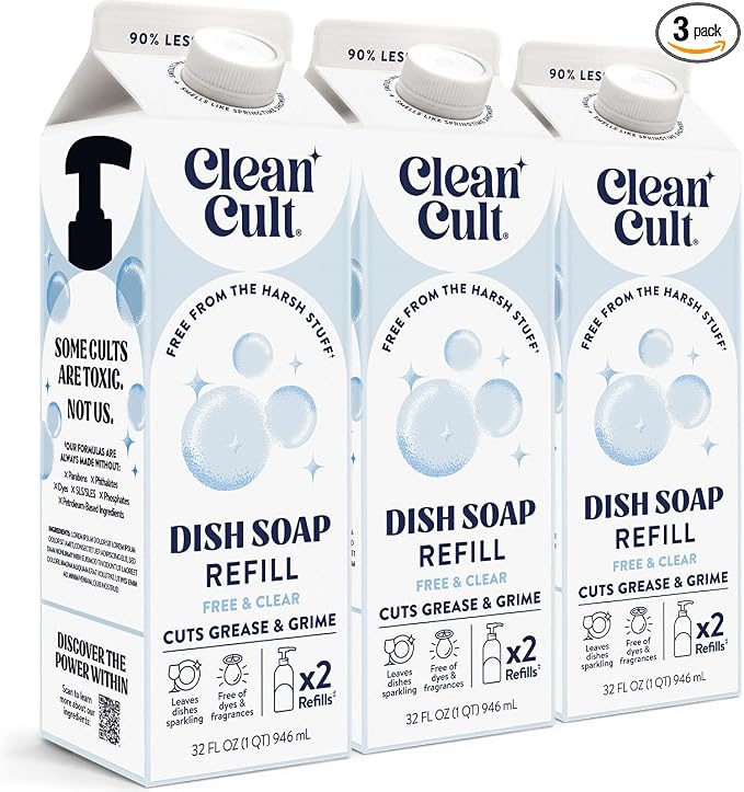 Cleancult Dish Soap Liquid Refills - Plant Based Cleaning Power - Cuts Grease & Grime - Free of Harsh Chemicals - Uses 90% Less Plastic - Free & Clear - 32 oz/3 Pack