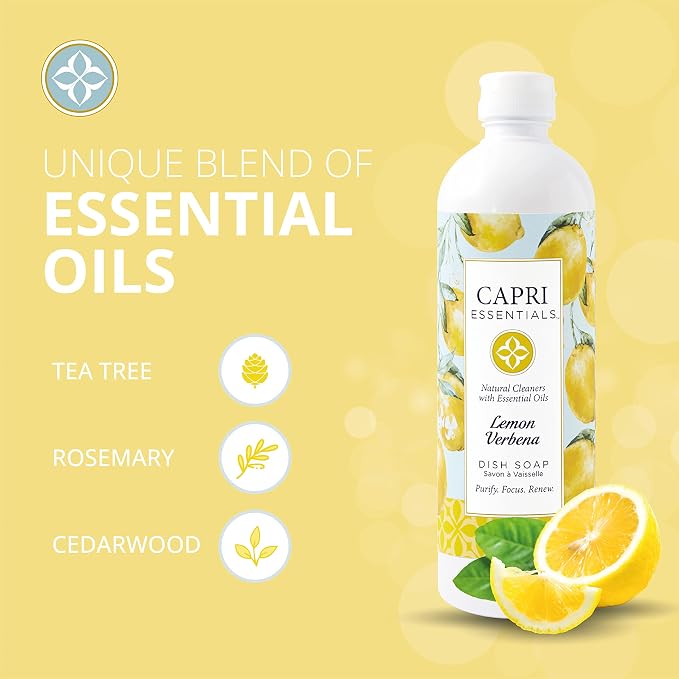 CAPRI ESSENTIALS Dish Soap Liquid, Natural Household Cleaning Supplies, Plant Based Aromatic Dish Detergent, Blend of Essential Oils with Tea Tree, Rosemary & Cedarwood, Lemon Verbena, 16 FL Oz