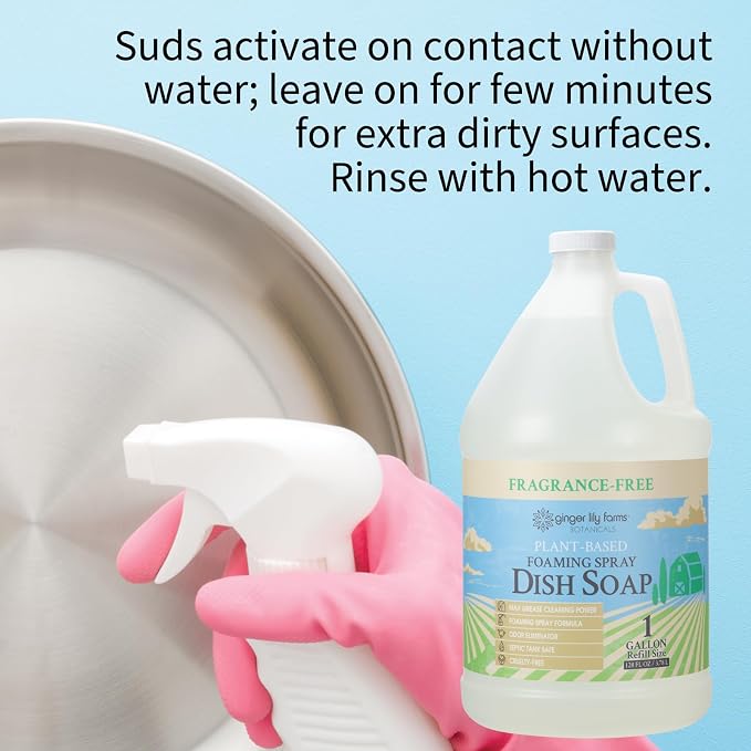 Ginger Lily Farms Botanicals Plant-Based Foaming Spray Dish Soap, Concentrated Formula with Max Grease Cleaning Power, Cruelty-Free, Fragrance-Free, 1 Gallon (Pack of 4)