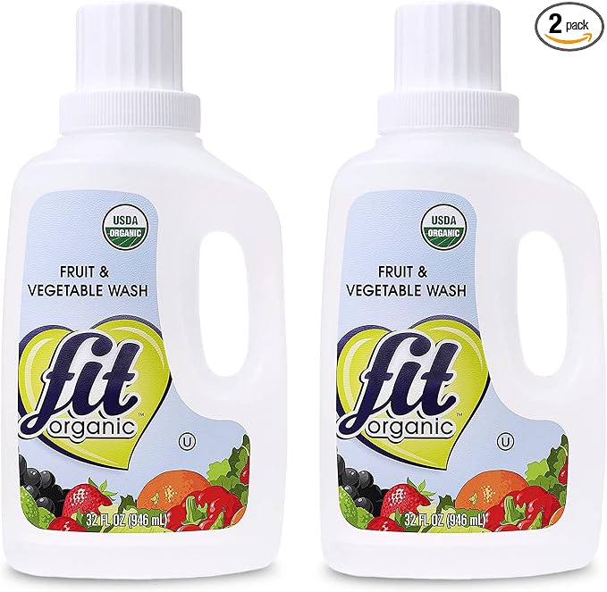 Fit Organic Produce Wash Soaker – USDA Certified Organic Fruit & Vegetable Cleaner, Tasteless & Odorless, Chemical-Free, Kosher, Safe for Family, Kids & Pets – 32 FL Oz (2-Pack)