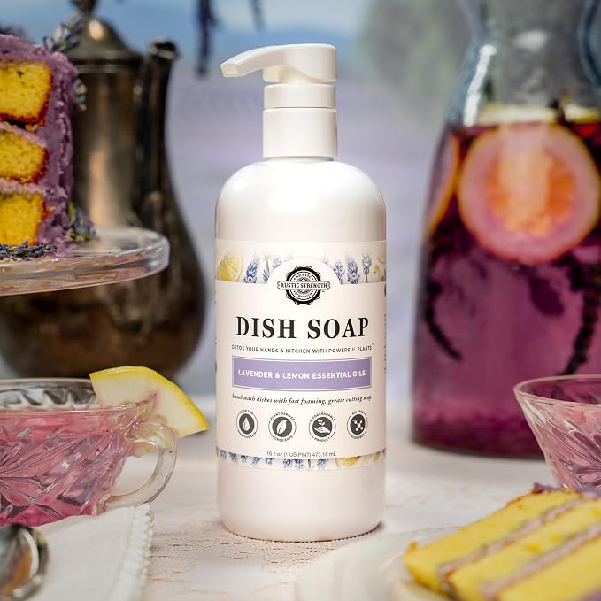 Rustic Strength Natural Dish Soap with Lavender and Lemon, Gallon Glass | Plant Based Cleaners, Streak Free Shine, Helps Remove Grease & Food Residue,Rich Lather
