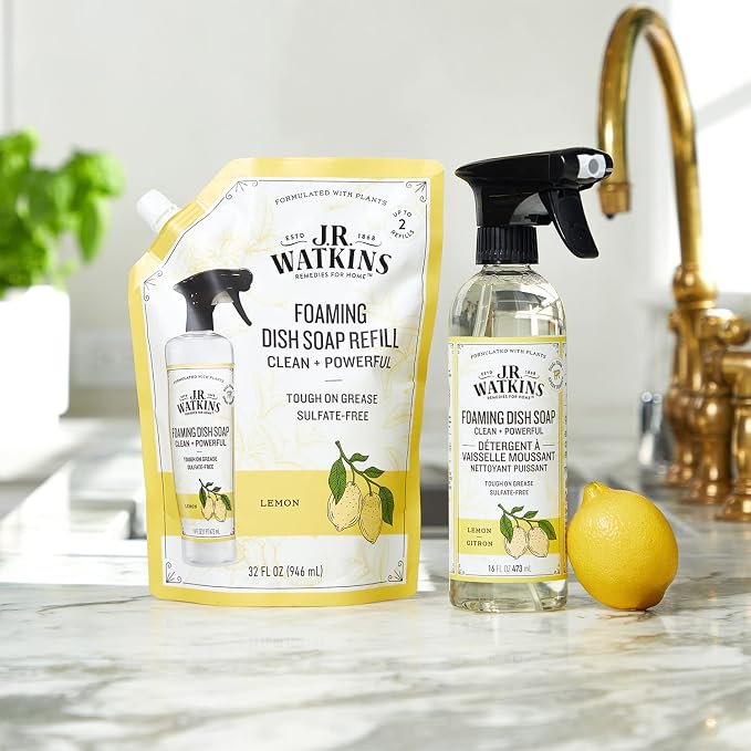 J.R. Watkins Foaming Dish Soap Refill Pouch, Crafted Clean & Cruelty Free, Lemon, 32 fl oz, 6 Pack