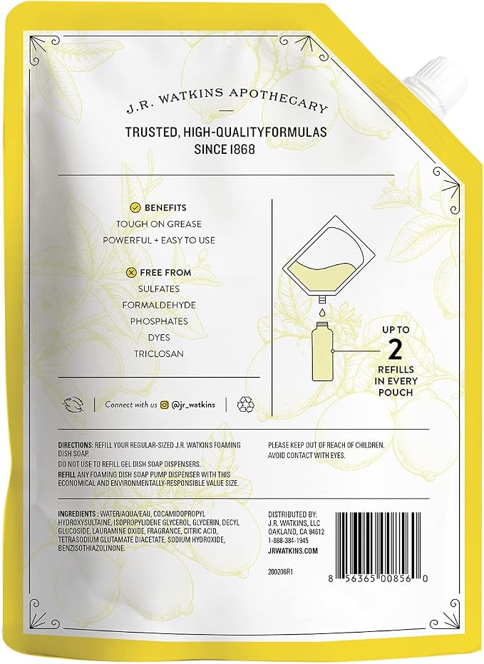 J.R. Watkins Foaming Dish Soap Refill Pouch, Crafted Clean & Cruelty Free, Lemon, 32 fl oz, 6 Pack