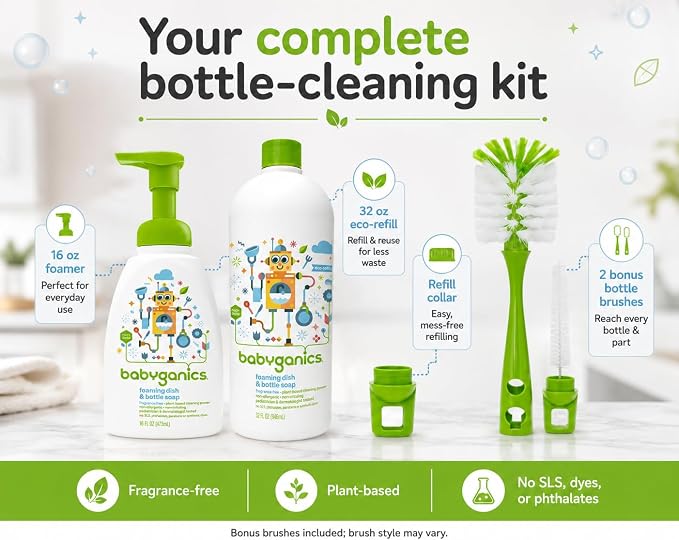 Baby ganics 16 Ounce Dish Dazzler Foaming Dish and Bottle Soap with Refill Kit BUNDLED with Two (2) Bottle Brushes BONUS | Baby bottle and dish soap bundle with refill and 2 bottle brushes. Plant-based, fragrance-free foaming soap.