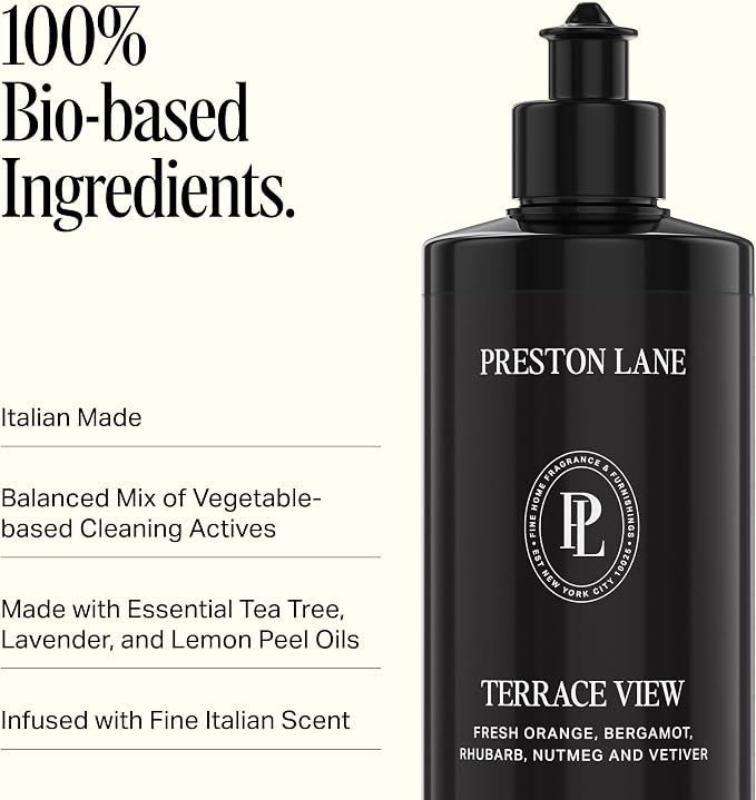 Preston Lane Liquid Dish Soap 16oz, Scented, Grease Cutting - Terrace View | Vegan Dishwashing Soap, Plant Based with Essential Oils, Gentle on Hands, Clean Ingredients