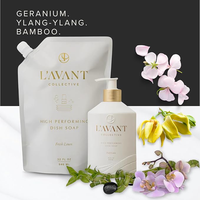 L'AVANT Collective The Ultimate Dish Wash Duo, Natural Luxury Dish Soap 16 Fl Oz with Refillable Glass Pump Bottle & 2 Loofah Dish Sponges for Pots, Pans, Dishes and Kitchen Cleaning, Winter Fir