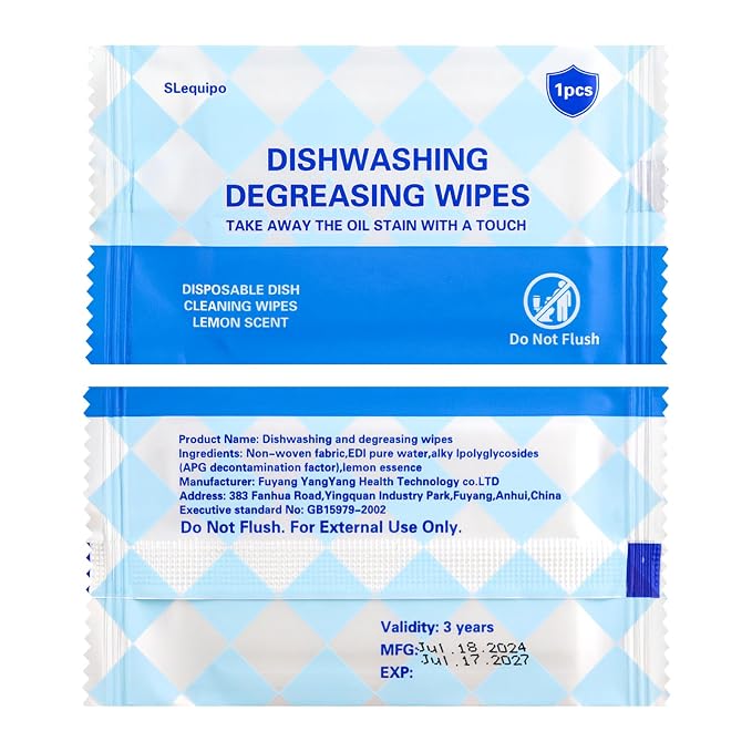 200 Pcs Dish Wipes, Individually Wrapped, Lemon Scent, Non Woven Fabric, Quick Clean, Kitchen, Outdoor, Travel, Camping
