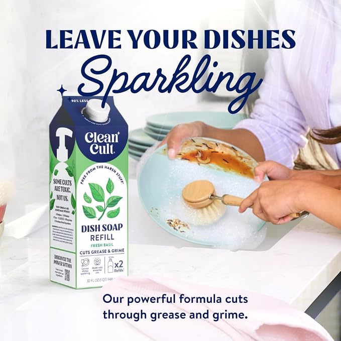 Cleancult Dish Soap Liquid Refills - Plant Based Cleaning Power - Cuts Grease & Grime - Free of Harsh Chemicals - Uses 90% Less Plastic - Fresh Basil - 32 oz/3 Pack