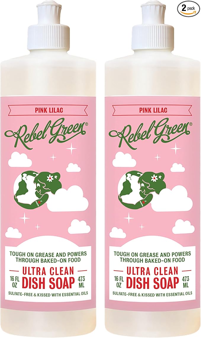 Rebel Green Ultra Clean Dish Soap, Plant-Derived Dishwashing Soap | Liquid Dish Soap for Grease and Tough Messes, No Harsh Chemicals, Pink Lilac Scent, 16 fl oz, 2 Pack