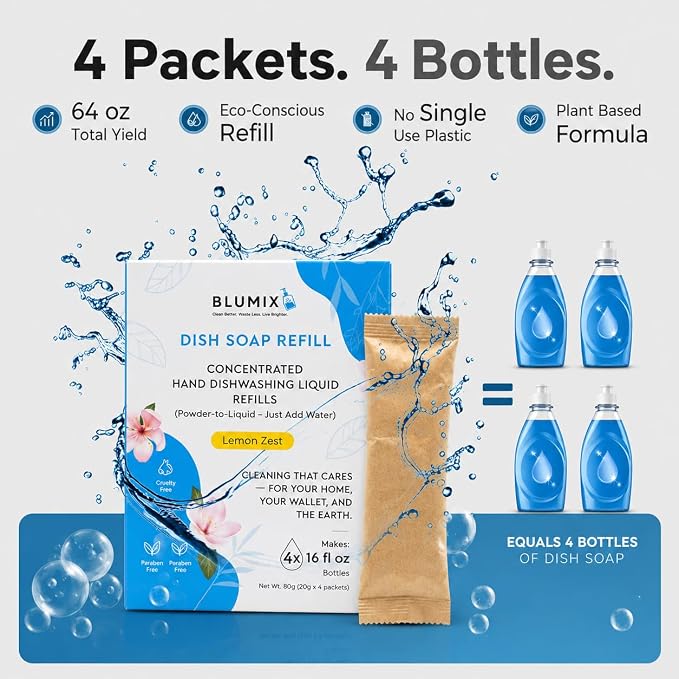 Dish Soap Refill Powder-to-Liquid Concentrate, Just Add Cool Water, Lemon Scent, 4 Packets Make 4 x 16 fl oz Bottles, Grease-Fighting, Plastic-Free (Lemon Scent)