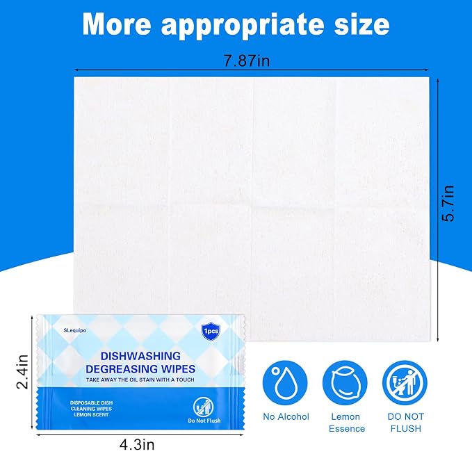 200 Pcs Dish Wipes, Individually Wrapped, Lemon Scent, Non Woven Fabric, Quick Clean, Kitchen, Outdoor, Travel, Camping