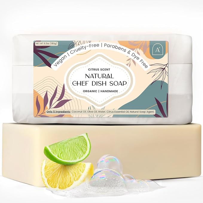 Natural Dish Soap Bar, Cleaning Dishes Solid Block for Kitchen - Organic Biodegradable Dishwashing, only 5 Ingredients, Gentle on Hands - Citrus Scent (1 Pack, 6.3oz)